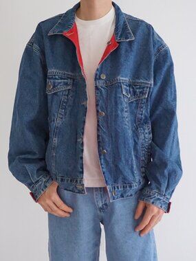 Vintage '90s Gap Red Blue Reversible Denim Trucker Stitch Button Front Jacket XL
